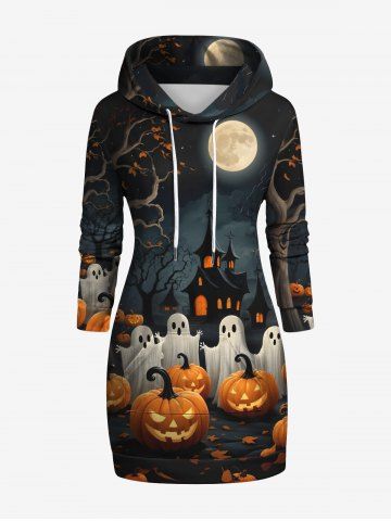 Plus Size Pumpkin Ghost Castle Tree Print Halloween Drawstring Pocket Pullover Long Sleeves Hoodie - BLACK - 4XL