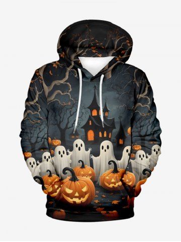 Plus Size Pumpkin Ghost Castle Tree Print Halloween Drawstring Pocket Pullover Hoodie For Men - BLACK - 8XL