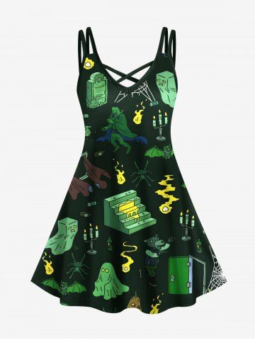 Plus Size Spider Pumpkin Ghost Bat Candle Print Halloween Crisscross A Line Cami Dress - GREEN - 6X
