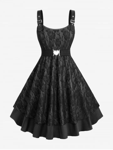 Plus Size Rose Flower Lace Panel Layered A Line Dress with Removable Belt - BLACK - L | US 12