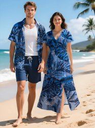 Flowers Tropical Leaf Print Plus Size Matching Hawaii Beach Outfit For Couples -  