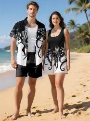 Matching Hawaii Shirt and Romper Plus Size Beach Outfit Octopus Two Tone Print For Couples -  
