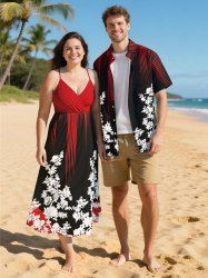 Flower Branch Light Beam Print Plus Size Matching Hawaii Beach Outfit For Couples -  