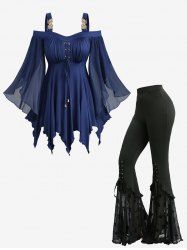 Ruched Lace Up Cold Shoulder Butterfly Sleeves Top and Flocking Flare Pants Plus Size Outfit -  