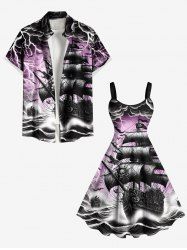 Sea Waves Ship Cloud Lightning Print Plus Size Matching Hawaii Beach Outfit For Couples -  
