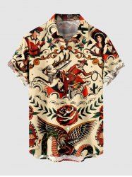Plus Size Rose Flower Rabbit Eagle Snake Print Buttons Pocket Shirt For Men -  