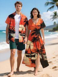 Coconut Tree Sun Bird Boat Seascape Print Plus Size Matching Hawaii Beach Outfit For Couples -  