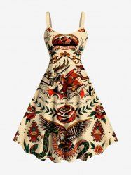 Plus Size Rose Flower Rabbit Eagle Snake Print Tank Dress -  