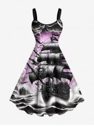 Plus Size Sea Waves Ship Cloud Lightning Print Tank Dress -  