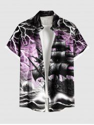 Plus Size Sea Waves Ship Cloud Lightning Print Buttons Pocket Shirt For Men -  