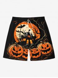 Plus Size Halloween Pumpkin Moon Bat Tree Print Beach Shorts For Men -  