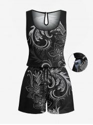 Plus Size Flowers Leaf Print Cinched Hawaii Romper -  