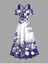 Robe longue hawaïenne grande taille à imprimé fleurs, feuilles et papillons, épaules dénudées et croisée - Blanc 1X