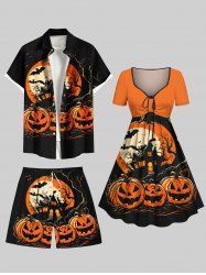 Tenue assortie grande taille pour couple, motif citrouille, lune, chauve-souris, arbre, Halloween - Orange 