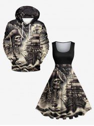 Skull Pirate Sea Waves Ship Print Plus Size Matching Outfit For Couples -  