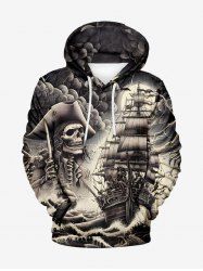 Plus Size Skull Pirate Sea Waves Ship Print Pocket Drawstring Hoodie -  