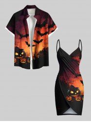 Tenue assortie grande taille pour couple, motif citrouille, chauve-souris et lune, pour Halloween - Orange Foncé 