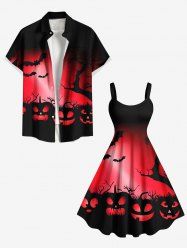 Halloween Pumpkin Bat Tree Dip Dye Ombre Print Plus Size Matching Outfit For Couples -  
