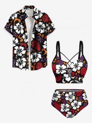 Maillot de bain grande taille à imprimé feuilles tropicales et fleurs d'hibiscus, tenue de plage hawaïenne assortie pour couples - Noir 