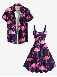 Tenue de plage hawaïenne assortie grande taille à imprimé flamant rose et feuilles tropicales pour couples - Bleu Marine 