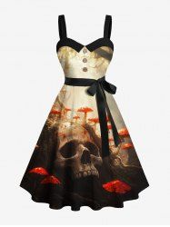 Plus Size Skull Mushroom Sunshine Forest Print Halloween Button A Line Dress with Removable Belt -  