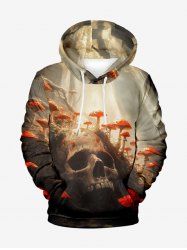 Plus Size Skull Mushroom Sunshine Forest Print Halloween Drawstring Pocket Pullover Hoodie For Men -  