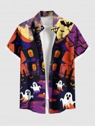 Plus Size Ghost Castle Tree Bat Moon Print Halloween Button Pocket Shirt For Men -  