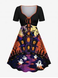 Plus Size Ghost Castle Tree Bat Moon Print Halloween Cinched A Line Dress -  