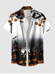 Plus Size Pumpkin Castle Bat Spider Web Ombre Print Halloween Button Pocket Shirt For Men -  