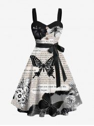 Plus Size Butterfly Plant Newspaper Print Button A Line Dress with Removable Belt -  