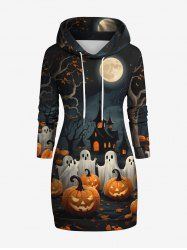 Plus Size Pumpkin Ghost Castle Tree Print Halloween Drawstring Pocket Pullover Long Sleeves Hoodie -  