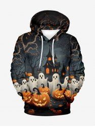 Plus Size Pumpkin Ghost Castle Tree Print Halloween Drawstring Pocket Pullover Hoodie For Men -  