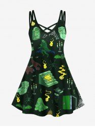 Robe camisole trapèze croisée grande taille à imprimé araignée, citrouille, fantôme, chauve-souris, bougie, Halloween - Vert 5X