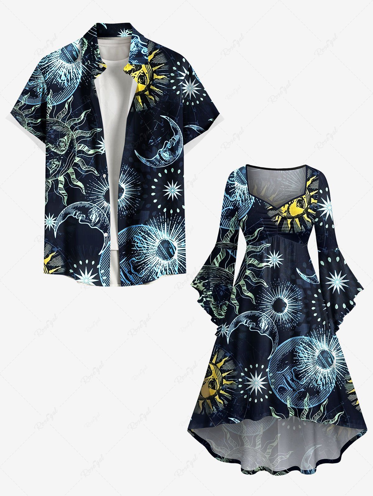 Fashion Sun Moon Star Print Plus Size Matching Hawaii Beach Outfit For Couples  