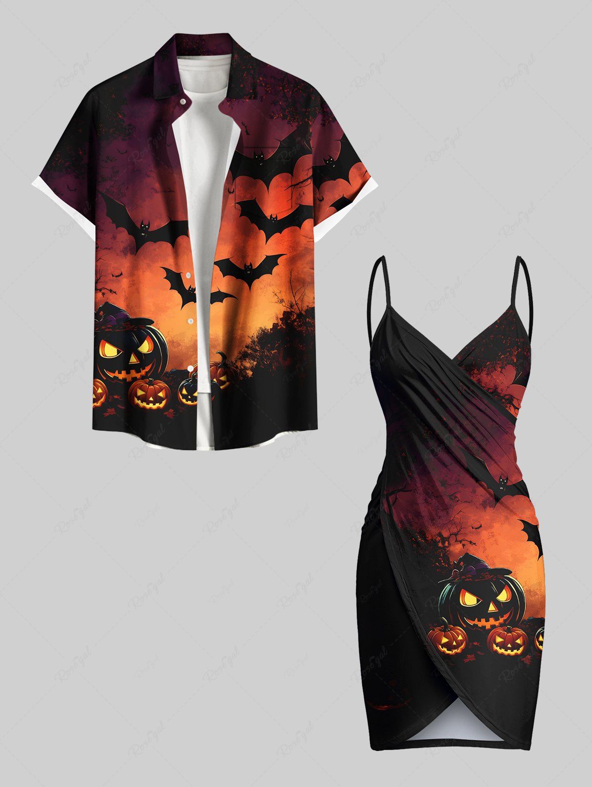Tenue assortie grande taille pour couple, motif citrouille, chauve-souris et lune, pour Halloween Orange Foncé 