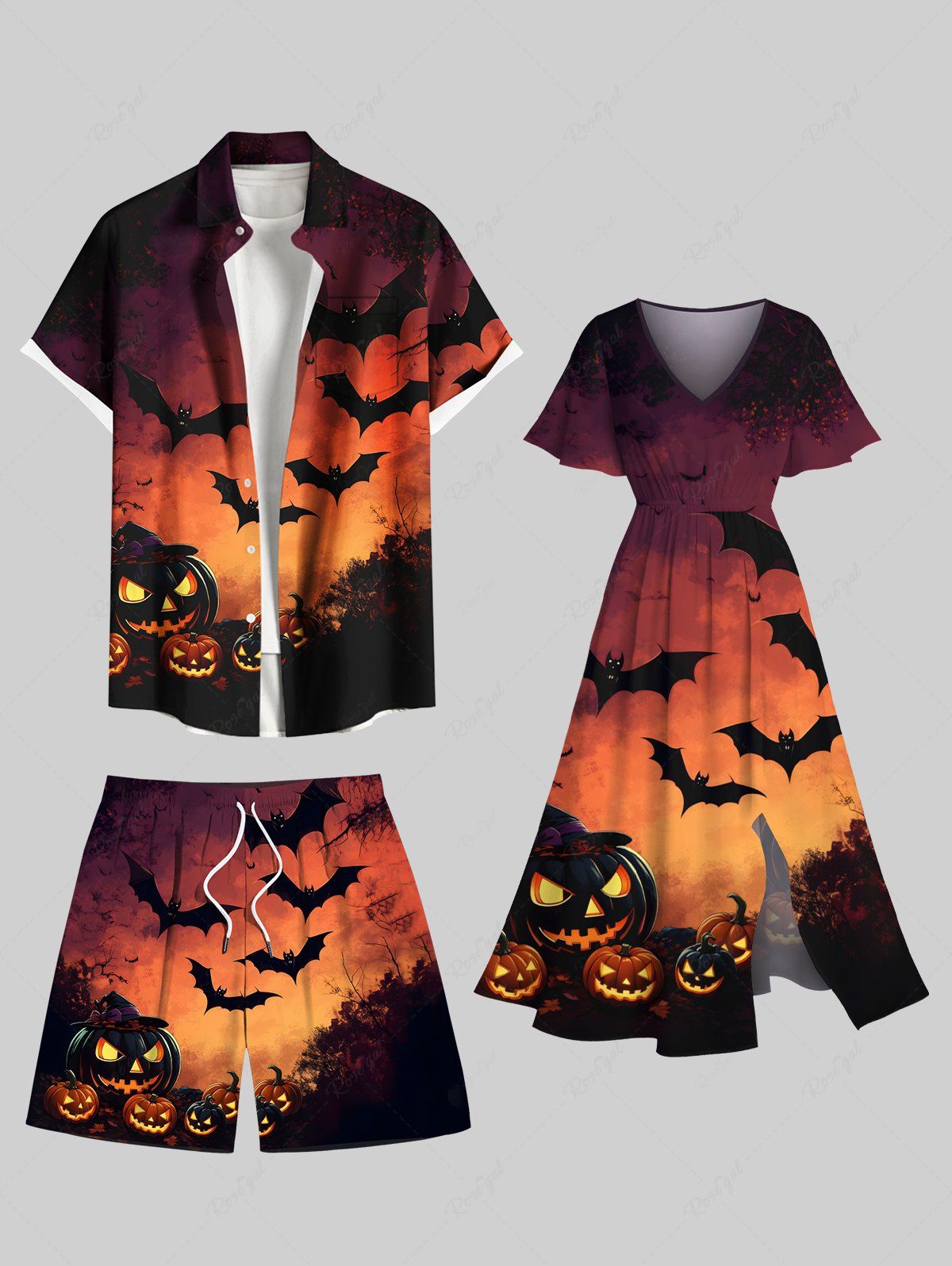 Sale Halloween Pumpkin Bat Ombre Galaxy Print Plus Size Matching Outfit For Couples  