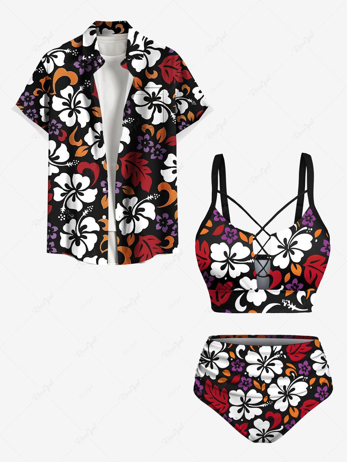 Maillot de bain grande taille à imprimé feuilles tropicales et fleurs d'hibiscus, tenue de plage hawaïenne assortie pour couples Noir 