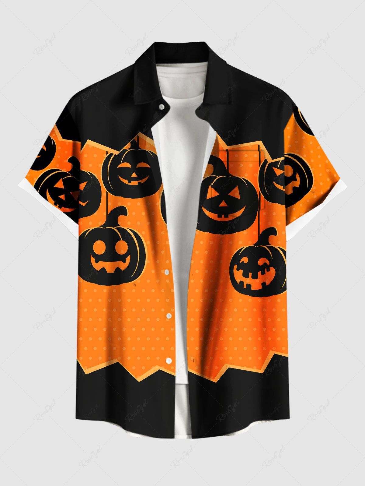 Chemise grande taille à imprimé citrouille d'Halloween, boutons et poches pour homme Orange 5XL