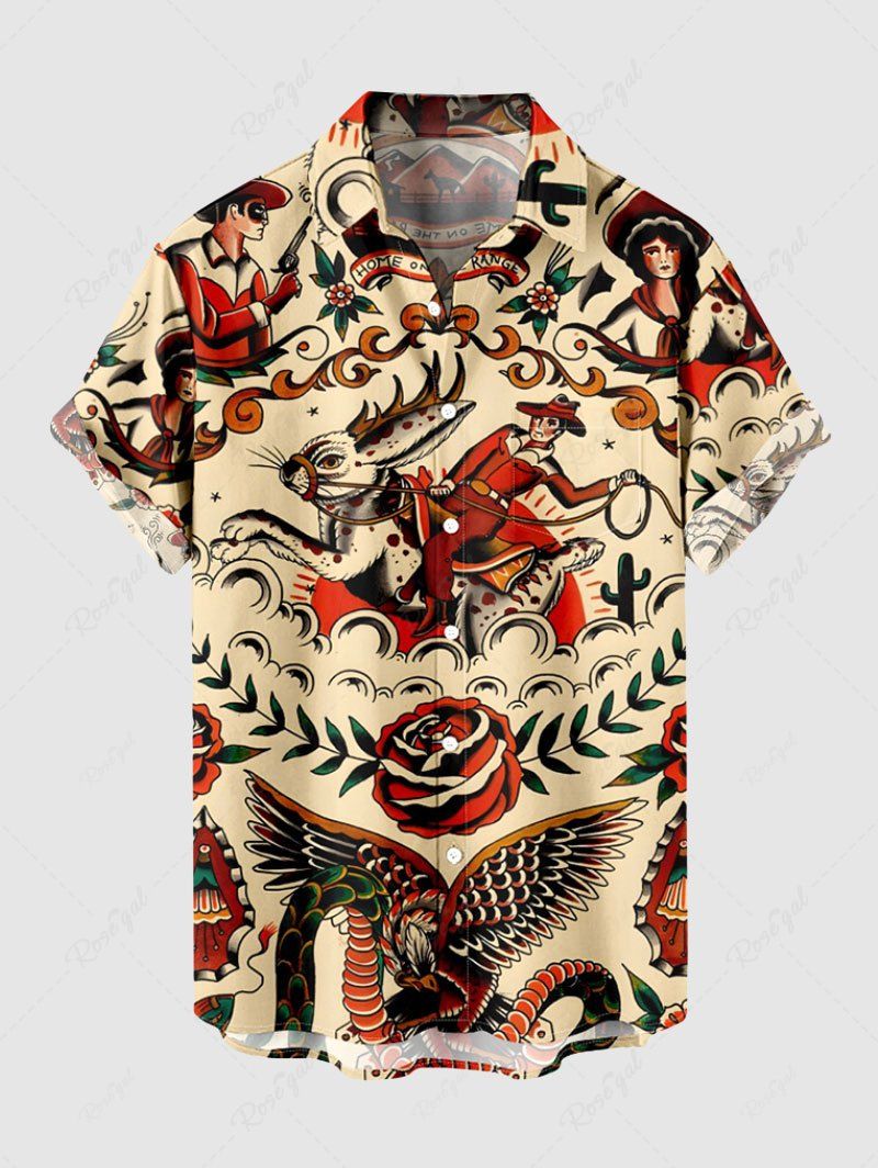 New Plus Size Rose Flower Rabbit Eagle Snake Print Buttons Pocket Shirt For Men  