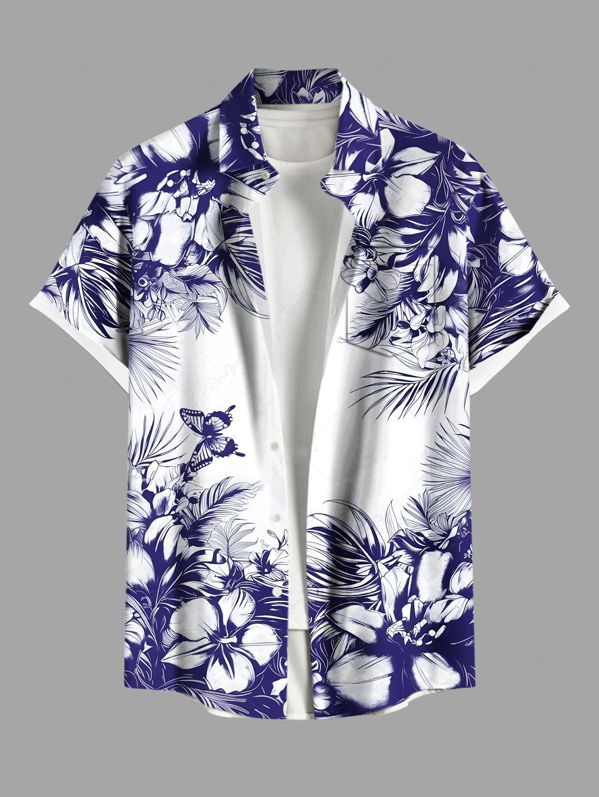 Chic Plus Size Flowers Leaf Butterfly Print Buttons Pocket Hawaii Shirt For Men  