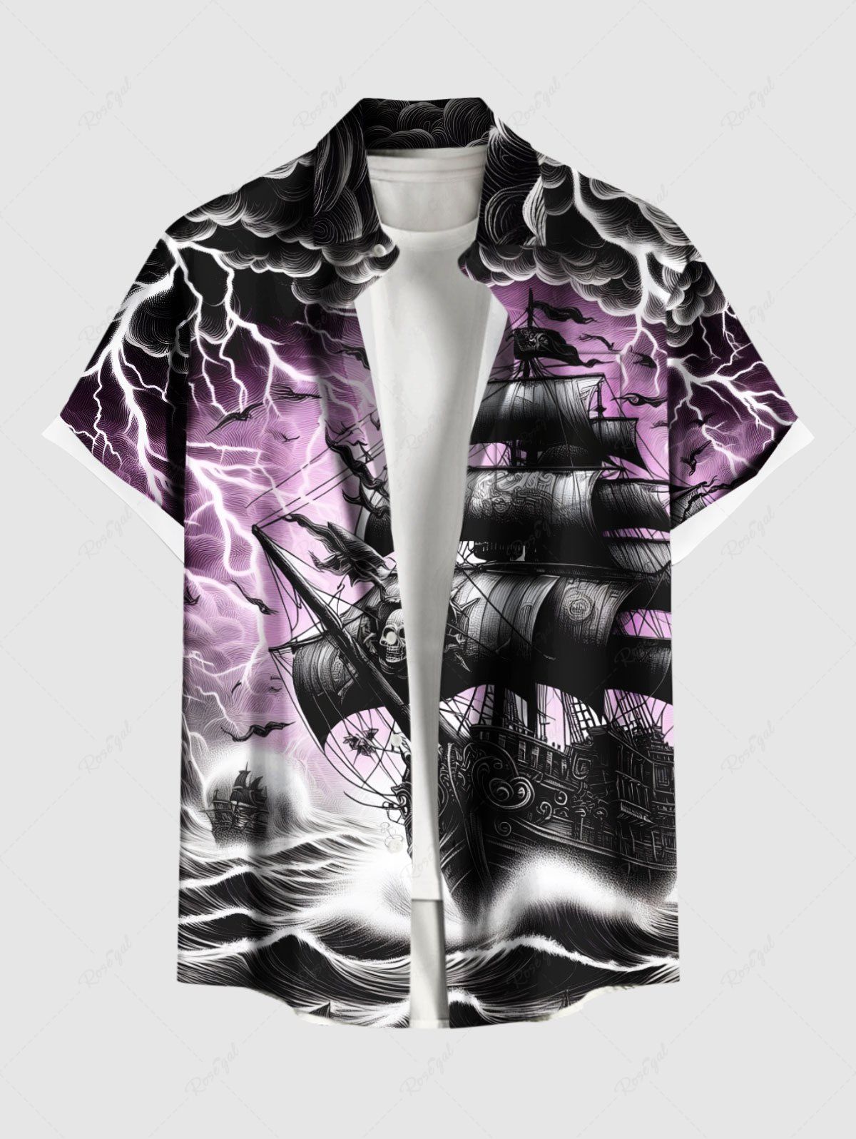 New Plus Size Sea Waves Ship Cloud Lightning Print Buttons Pocket Shirt For Men  