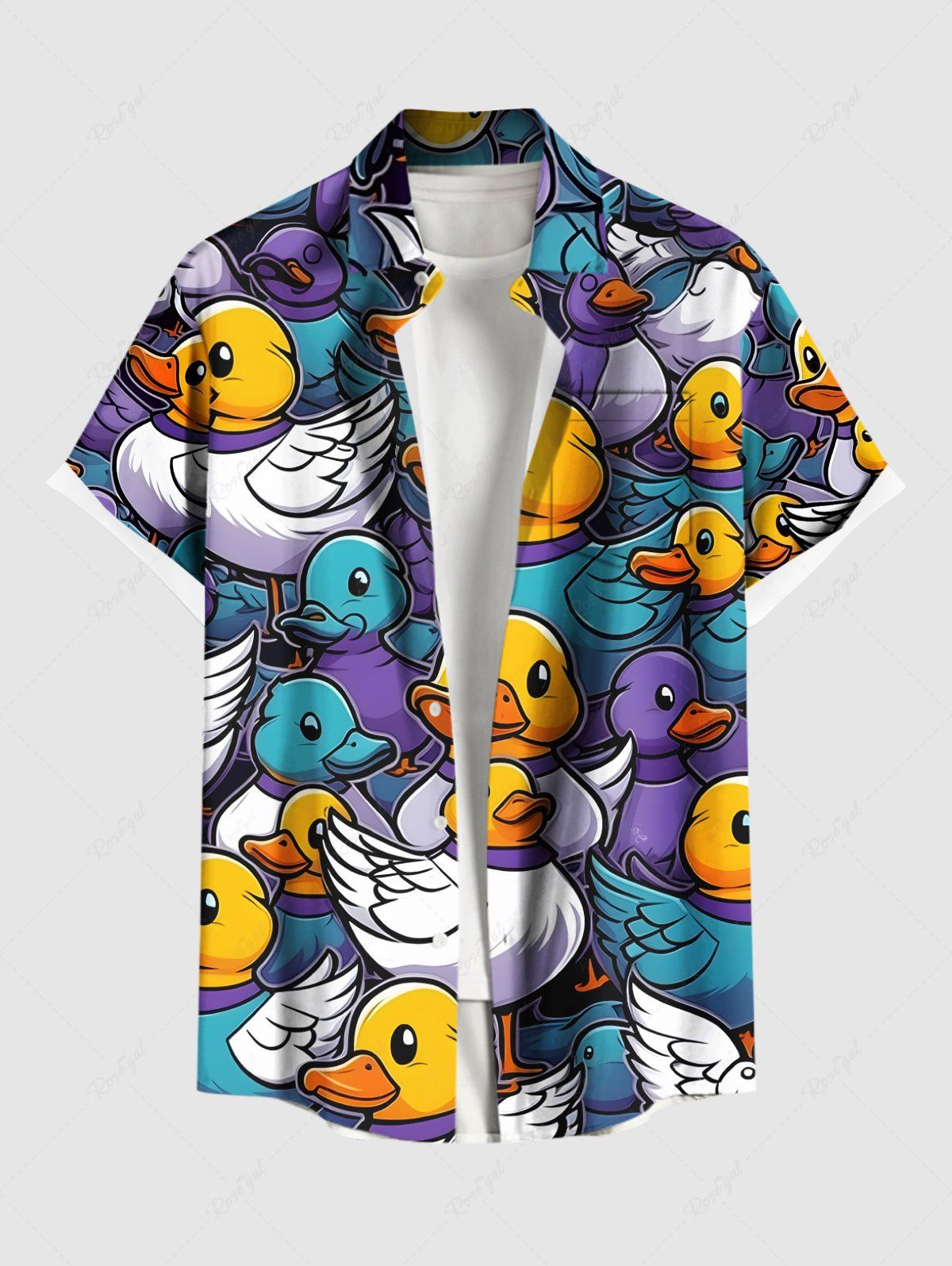 Online Plus Size Colorful Ducks Print Buttons Pocket Hawaii Shirt For Men  