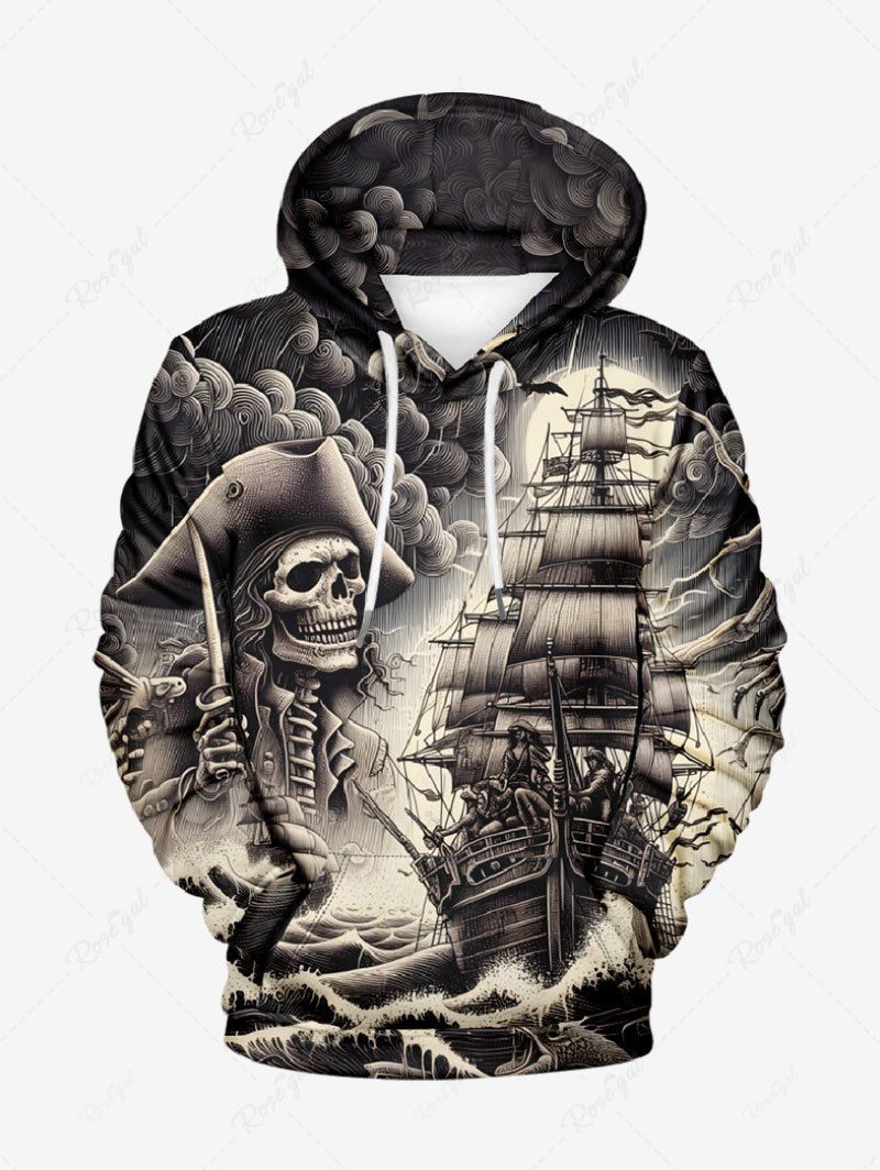 Sweat à capuche grande taille avec cordon de serrage et poche imprimée crâne pirate et vagues Noir 3XL