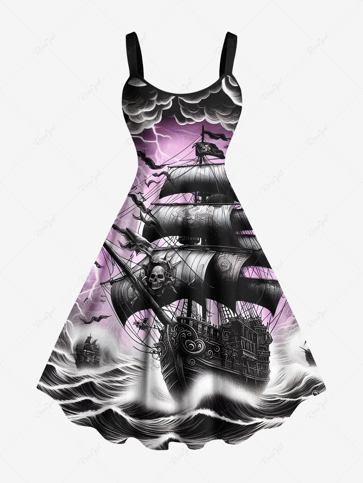 Robe débardeur grande taille à imprimé vagues, nuages, éclairs et navires Pourpre  XXS
