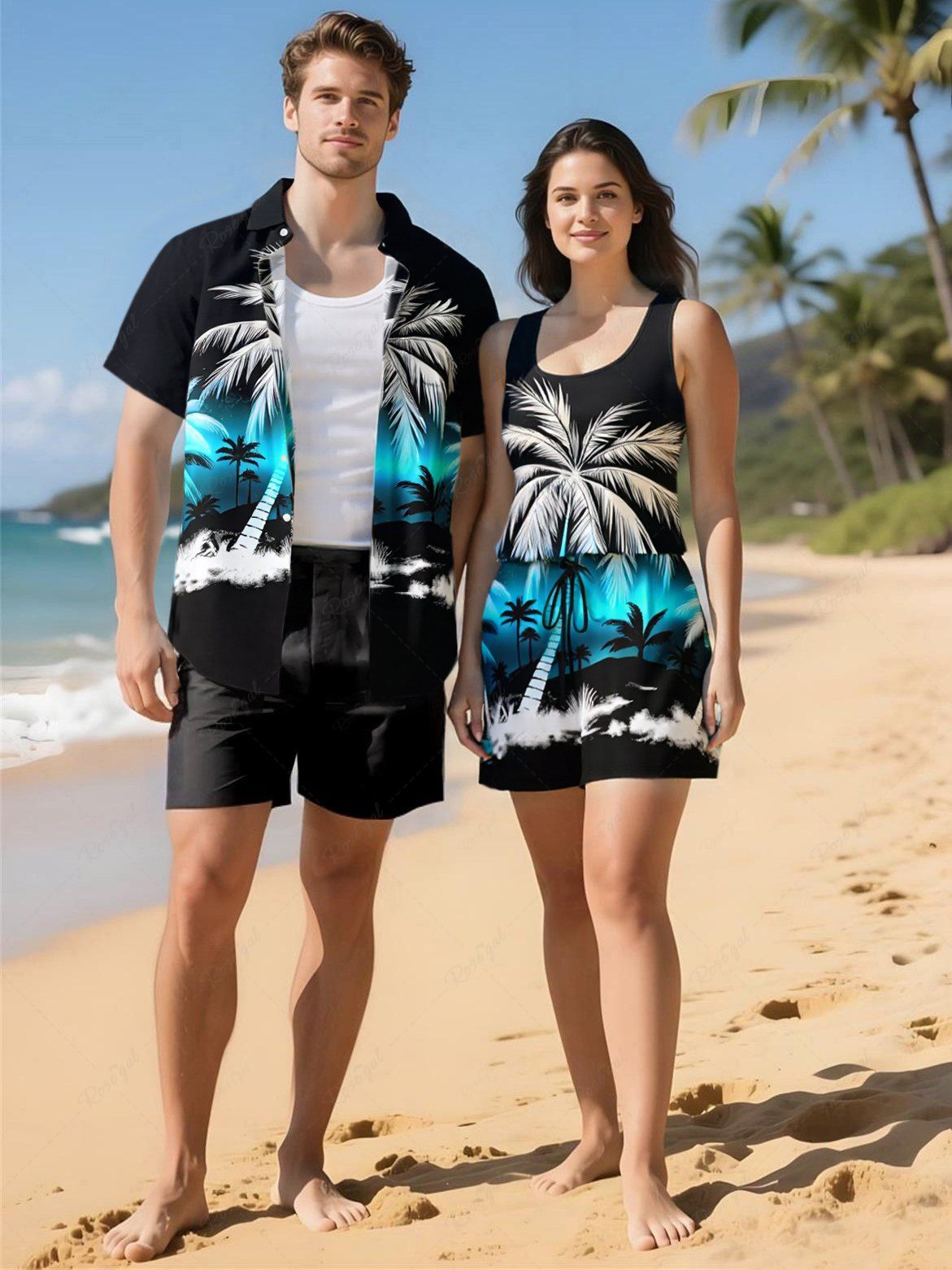 Hot Matching Hawaii Shirt and Romper Plus Size Beach Outfit Coconut Tree Ombre Colorblock Printed for Couples  