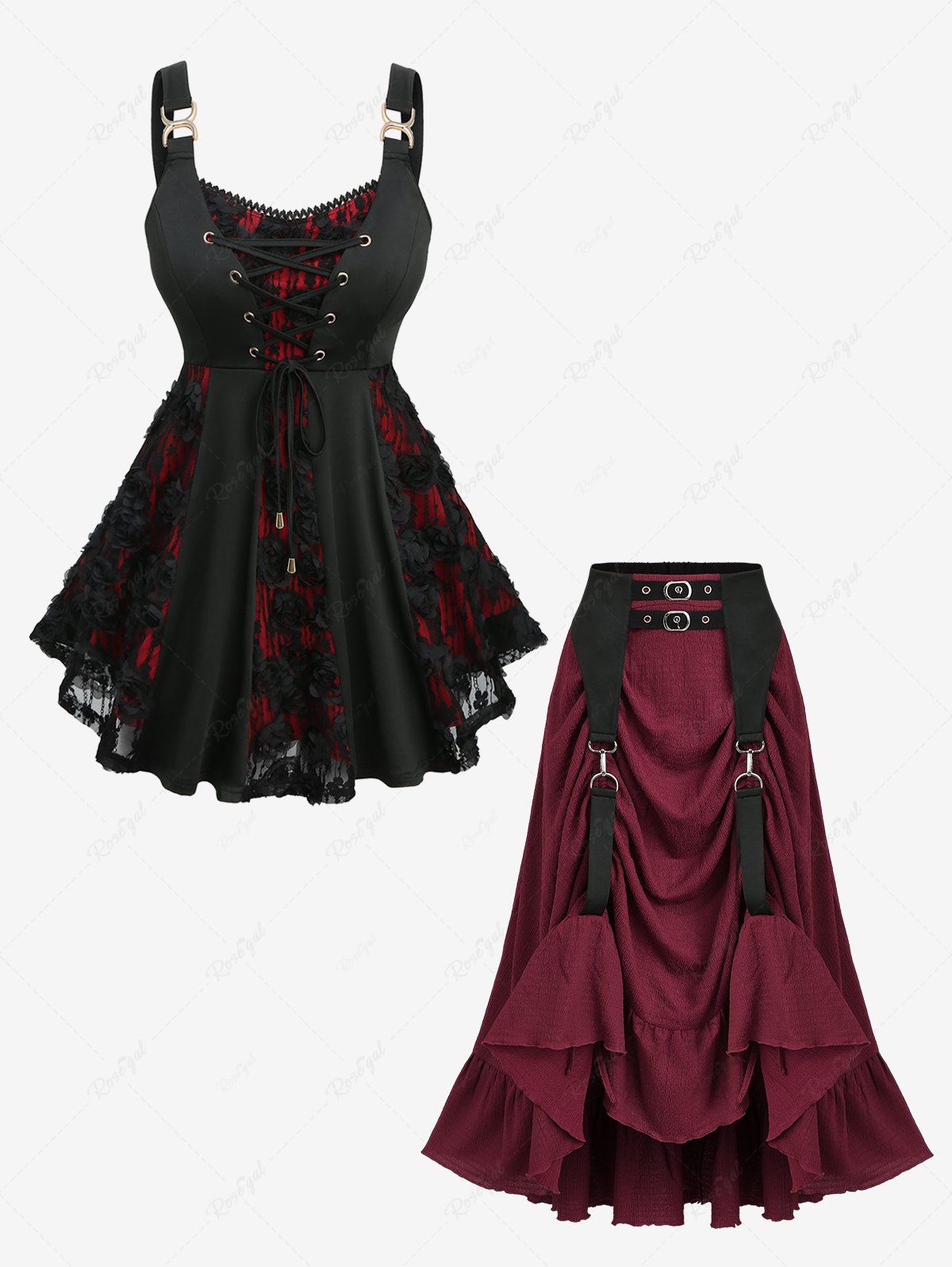 Latest Lace-up Rose Lace Jacquard Tank Top and Steampunk Ruffles Plisse Skirt Plus Size Outfit  