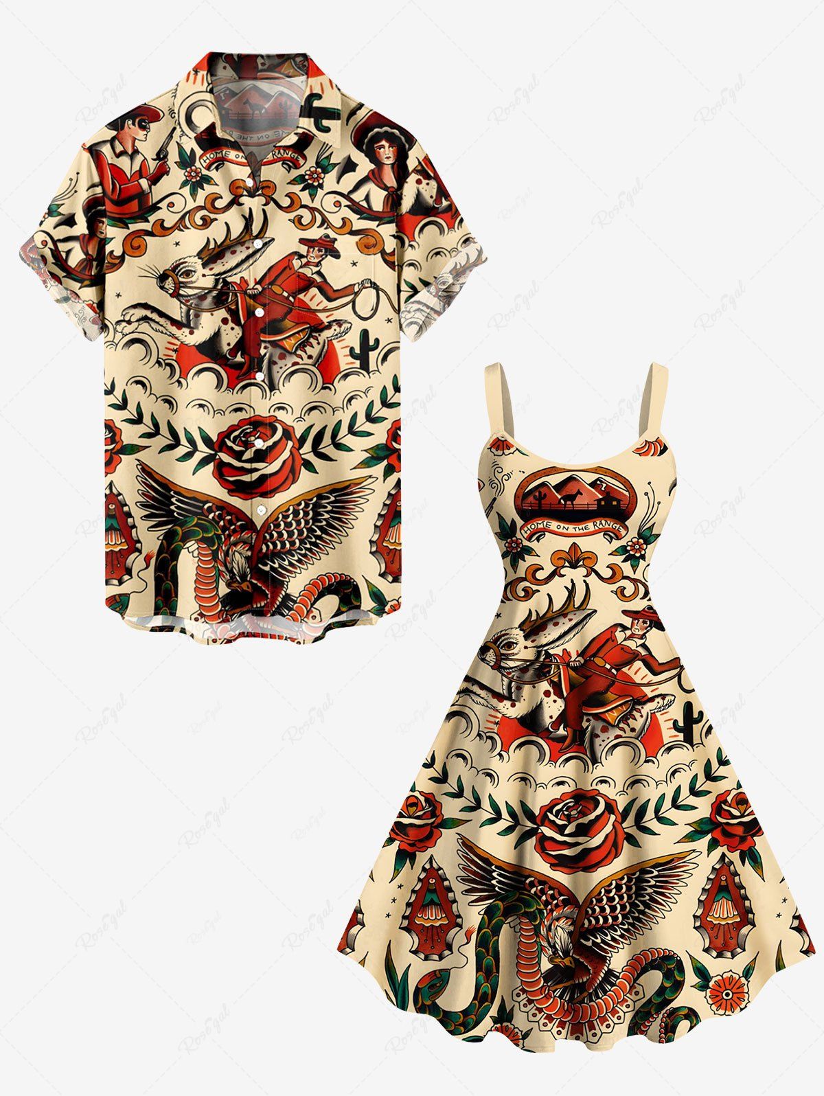 Fancy Rose Flower Rabbit Eagle Snake Print Plus Size Matching Hawaii Beach Outfit For Couples  