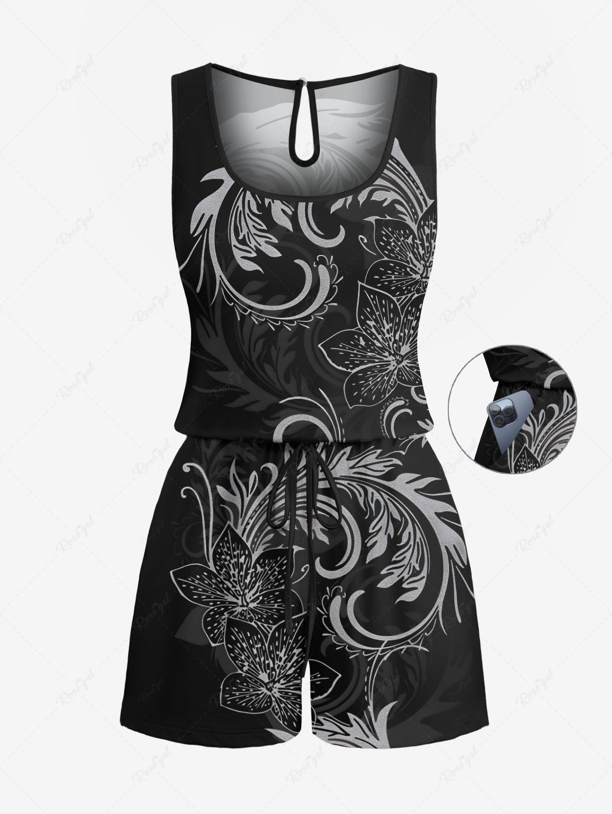 Affordable Plus Size Flowers Leaf Print Cinched Hawaii Romper  