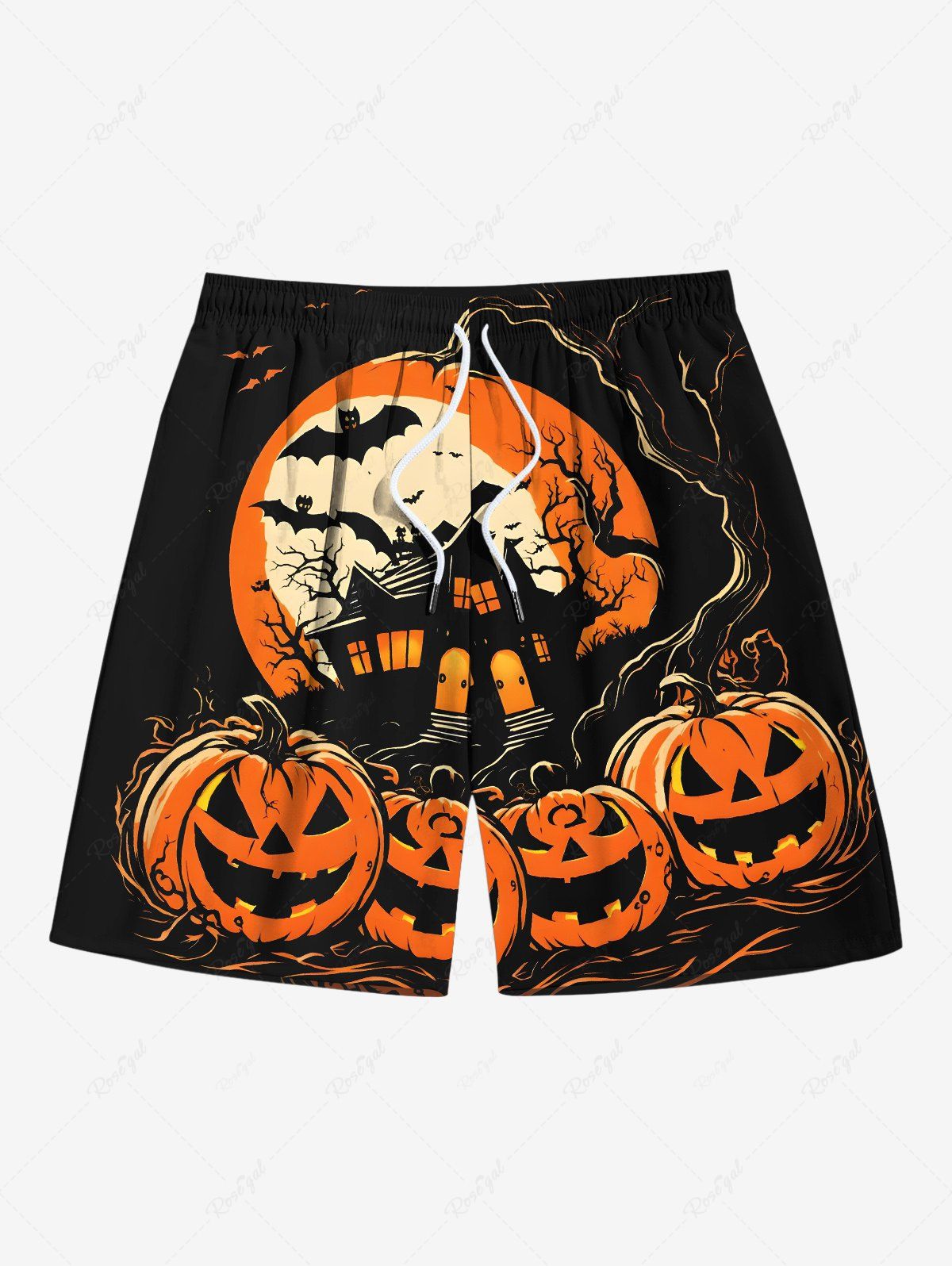 Buy Plus Size Halloween Pumpkin Moon Bat Tree Print Beach Shorts For Men  