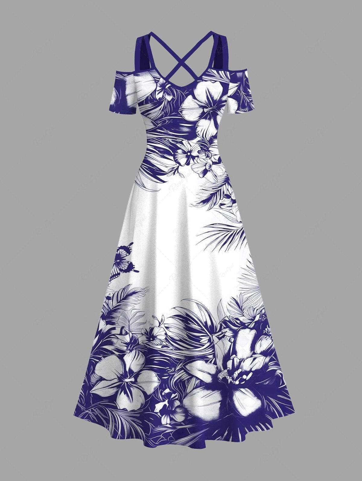 Robe longue hawaïenne grande taille à imprimé fleurs, feuilles et papillons, épaules dénudées et croisée Blanc XXS